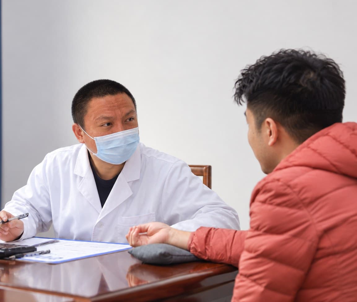 A physician talks with a patient across a desk